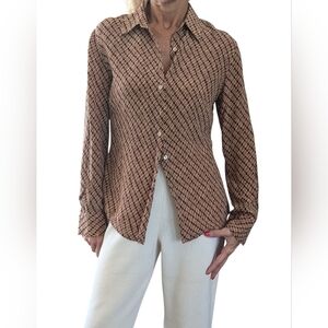Vintage Y2K Silk Brown Geometric Button Down | Casual Corner Annex Sz 4